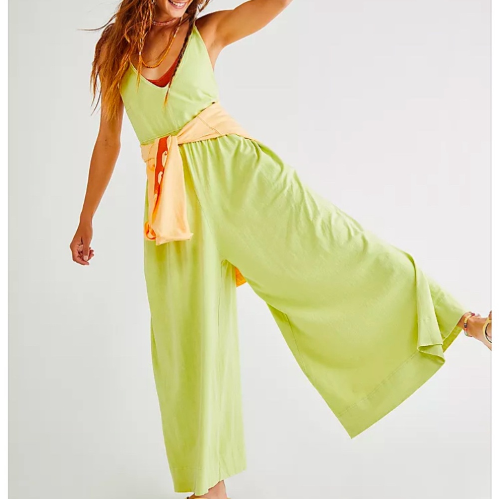 Free People Lime Green Wide‑Leg Jumpsuit with Orange Accents